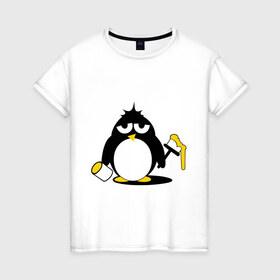 Женская футболка хлопок с принтом Пингвин красит в Петрозаводске, 100% хлопок | прямой крой, круглый вырез горловины, длина до линии бедер, слегка спущенное плечо | 