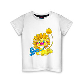 Детская футболка хлопок с принтом ЛЕВ С БАНТОМ в Петрозаводске, 100% хлопок | круглый вырез горловины, полуприлегающий силуэт, длина до линии бедер | бантик | детские | животное | зверь | ленточка | львенок