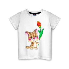 Детская футболка хлопок с принтом КОТ С ТЮЛЬПАНОМ в Петрозаводске, 100% хлопок | круглый вырез горловины, полуприлегающий силуэт, длина до линии бедер | детские | животные | звери | зверушка | киса | котенок | котик | цветок | цветочек