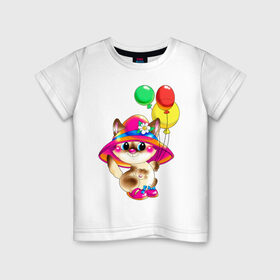 Детская футболка хлопок с принтом КИСКА В ШЛЯПЕ в Петрозаводске, 100% хлопок | круглый вырез горловины, полуприлегающий силуэт, длина до линии бедер | в шляпе | воздушные шарики | детские | животные | звери | зверушка | киса | котенок | шары
