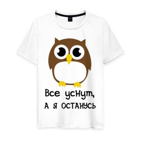 Мужская футболка хлопок с принтом Все уснут,а я останусь. в Петрозаводске, 100% хлопок | прямой крой, круглый вырез горловины, длина до линии бедер, слегка спущенное плечо. | сова