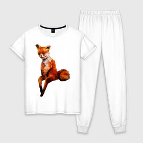 Женская пижама хлопок с принтом Лис в Петрозаводске, 100% хлопок | брюки и футболка прямого кроя, без карманов, на брюках мягкая резинка на поясе и по низу штанин | лиса