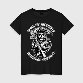 Женская футболка хлопок с принтом Sons of anarchy logo в Петрозаводске, 100% хлопок | прямой крой, круглый вырез горловины, длина до линии бедер, слегка спущенное плечо | скелет | сыны анархии
