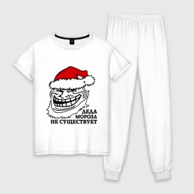 Женская пижама хлопок с принтом Новогодний trollface в Петрозаводске, 100% хлопок | брюки и футболка прямого кроя, без карманов, на брюках мягкая резинка на поясе и по низу штанин | troll face | trollface | дед мороз | интернет мемы | мемы | тролл фейс | тролфейл
