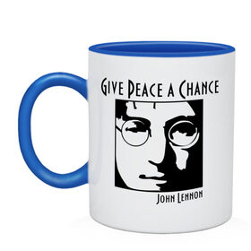 Кружка двухцветная с принтом John Lennon (Джон Леннон) Give Peace a Chance в Петрозаводске, керамика | объем — 330 мл, диаметр — 80 мм. Цветная ручка и кайма сверху, в некоторых цветах — вся внутренняя часть | Тематика изображения на принте: beatles | give peace a chance | john lennon | битлз | джон леннон | знаменитости | знаменитые личности | портрет