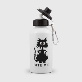 Бутылка спортивная с принтом Bite me (черный кот) в Петрозаводске, металл | емкость — 500 мл, в комплекте две пластиковые крышки и карабин для крепления | киса | котенок