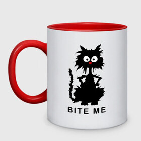 Кружка двухцветная с принтом Bite me (черный кот) в Петрозаводске, керамика | объем — 330 мл, диаметр — 80 мм. Цветная ручка и кайма сверху, в некоторых цветах — вся внутренняя часть | киса | котенок