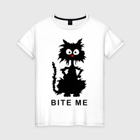 Женская футболка хлопок с принтом Bite me (черный кот) в Петрозаводске, 100% хлопок | прямой крой, круглый вырез горловины, длина до линии бедер, слегка спущенное плечо | киса | котенок