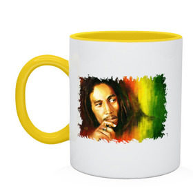 Кружка двухцветная с принтом Bob Marley в Петрозаводске, керамика | объем — 330 мл, диаметр — 80 мм. Цветная ручка и кайма сверху, в некоторых цветах — вся внутренняя часть | reggae | боб марли | музыка | музыкант | регги