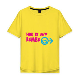 Мужская футболка хлопок Oversize с принтом Мой Ромео в Петрозаводске, 100% хлопок | свободный крой, круглый ворот, “спинка” длиннее передней части | he is my romeo | для влюбленных | для двоих | для пар | любимая | любимый | любовь | мой ромео | парные | смайлик | стрелка