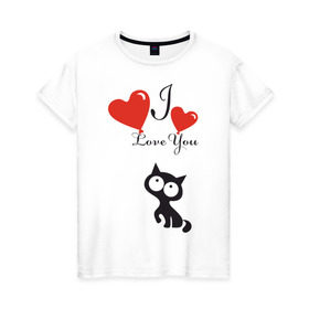 Женская футболка хлопок с принтом Люблю котёнка в Петрозаводске, 100% хлопок | прямой крой, круглый вырез горловины, длина до линии бедер, слегка спущенное плечо | 