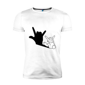 Мужская футболка премиум с принтом Тень зайца в Петрозаводске, 92% хлопок, 8% лайкра | приталенный силуэт, круглый вырез ворота, длина до линии бедра, короткий рукав | животные | заяц | театр теней | тень
