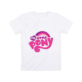 Детская футболка хлопок с принтом My little pony logo в Петрозаводске, 100% хлопок | круглый вырез горловины, полуприлегающий силуэт, длина до линии бедер | Тематика изображения на принте: my little pony | my little pony logo | pony | детские | мой маленький пони | пони