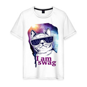 Мужская футболка хлопок с принтом Space cat swag в Петрозаводске, 100% хлопок | прямой крой, круглый вырез горловины, длина до линии бедер, слегка спущенное плечо. | i am swag | swag | кошка | кошки | очки | сваг | свэг