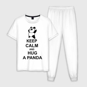 Мужская пижама хлопок с принтом keep calm and hug a panda в Петрозаводске, 100% хлопок | брюки и футболка прямого кроя, без карманов, на брюках мягкая резинка на поясе и по низу штанин
 | панда