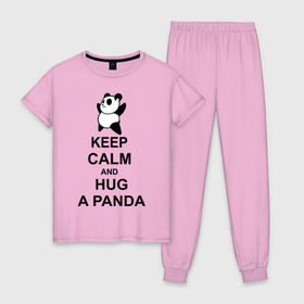 Женская пижама хлопок с принтом keep calm and hug a panda в Петрозаводске, 100% хлопок | брюки и футболка прямого кроя, без карманов, на брюках мягкая резинка на поясе и по низу штанин | Тематика изображения на принте: панда