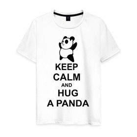 Мужская футболка хлопок с принтом keep calm and hug a panda в Петрозаводске, 100% хлопок | прямой крой, круглый вырез горловины, длина до линии бедер, слегка спущенное плечо. | панда