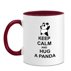Кружка двухцветная с принтом keep calm and hug a panda в Петрозаводске, керамика | объем — 330 мл, диаметр — 80 мм. Цветная ручка и кайма сверху, в некоторых цветах — вся внутренняя часть | Тематика изображения на принте: панда