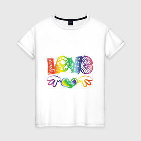 Женская футболка хлопок с принтом Rainbow love в Петрозаводске, 100% хлопок | прямой крой, круглый вырез горловины, длина до линии бедер, слегка спущенное плечо | 