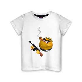 Детская футболка хлопок с принтом Smile Gangster в Петрозаводске, 100% хлопок | круглый вырез горловины, полуприлегающий силуэт, длина до линии бедер | Тематика изображения на принте: smile gangster | автомат | колобок | оружие | смайл гангстер