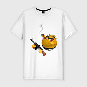 Мужская футболка премиум с принтом Smile Gangster в Петрозаводске, 92% хлопок, 8% лайкра | приталенный силуэт, круглый вырез ворота, длина до линии бедра, короткий рукав | smile gangster | автомат | колобок | оружие | смайл гангстер