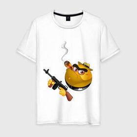 Мужская футболка хлопок с принтом Smile Gangster в Петрозаводске, 100% хлопок | прямой крой, круглый вырез горловины, длина до линии бедер, слегка спущенное плечо. | smile gangster | автомат | колобок | оружие | смайл гангстер