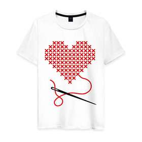 Мужская футболка хлопок с принтом Сердце вышивка с иголкой в Петрозаводске, 100% хлопок | прямой крой, круглый вырез горловины, длина до линии бедер, слегка спущенное плечо. | игла | любимая | любимый | любовь | нитка | отношения | сердечко | чувства