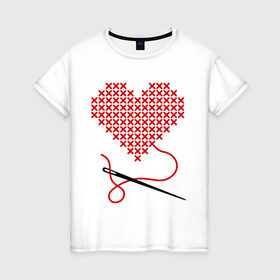 Женская футболка хлопок с принтом Сердце вышивка с иголкой в Петрозаводске, 100% хлопок | прямой крой, круглый вырез горловины, длина до линии бедер, слегка спущенное плечо | игла | любимая | любимый | любовь | нитка | отношения | сердечко | чувства