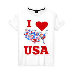 Женская футболка хлопок с принтом Я люблю Америку в Петрозаводске, 100% хлопок | прямой крой, круглый вырез горловины, длина до линии бедер, слегка спущенное плечо | i love usa | я люблю америку