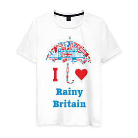 Мужская футболка хлопок с принтом я люблю Британию в Петрозаводске, 100% хлопок | прямой крой, круглый вырез горловины, длина до линии бедер, слегка спущенное плечо. | Тематика изображения на принте: i love rainy britain | rainy britain | зонт | зонтик | я люблю британию