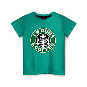 Детская футболка хлопок с принтом I Love Guns and Coffee пистолеты и кофе в Петрозаводске, 100% хлопок | круглый вырез горловины, полуприлегающий силуэт, длина до линии бедер | я люблю кофе и пистолеты