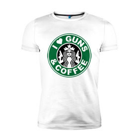 Мужская футболка премиум с принтом I Love Guns and Coffee пистолеты и кофе в Петрозаводске, 92% хлопок, 8% лайкра | приталенный силуэт, круглый вырез ворота, длина до линии бедра, короткий рукав | я люблю кофе и пистолеты
