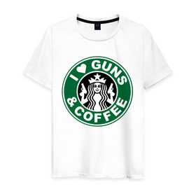 Мужская футболка хлопок с принтом I Love Guns and Coffee пистолеты и кофе в Петрозаводске, 100% хлопок | прямой крой, круглый вырез горловины, длина до линии бедер, слегка спущенное плечо. | я люблю кофе и пистолеты
