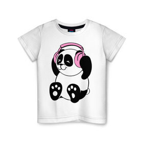 Детская футболка хлопок с принтом Panda in headphones (панда в наушниках) в Петрозаводске, 100% хлопок | круглый вырез горловины, полуприлегающий силуэт, длина до линии бедер | Тематика изображения на принте: панда