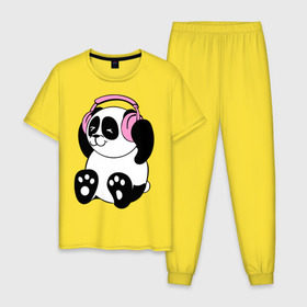Мужская пижама хлопок с принтом Panda in headphones (панда в наушниках) в Петрозаводске, 100% хлопок | брюки и футболка прямого кроя, без карманов, на брюках мягкая резинка на поясе и по низу штанин
 | панда