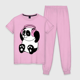 Женская пижама хлопок с принтом Panda in headphones (панда в наушниках) в Петрозаводске, 100% хлопок | брюки и футболка прямого кроя, без карманов, на брюках мягкая резинка на поясе и по низу штанин | Тематика изображения на принте: панда