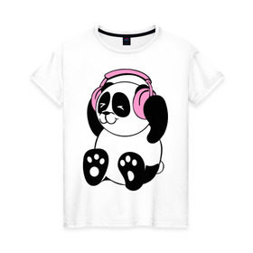 Женская футболка хлопок с принтом Panda in headphones (панда в наушниках) в Петрозаводске, 100% хлопок | прямой крой, круглый вырез горловины, длина до линии бедер, слегка спущенное плечо | панда