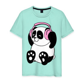 Мужская футболка хлопок с принтом Panda in headphones (панда в наушниках) в Петрозаводске, 100% хлопок | прямой крой, круглый вырез горловины, длина до линии бедер, слегка спущенное плечо. | Тематика изображения на принте: панда