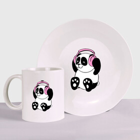 Набор: тарелка + кружка с принтом Panda in headphones (панда в наушниках) в Петрозаводске, керамика | Кружка: объем — 330 мл, диаметр — 80 мм. Принт наносится на бока кружки, можно сделать два разных изображения. 
Тарелка: диаметр - 210 мм, диаметр для нанесения принта - 120 мм. | панда