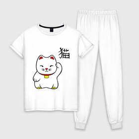 Женская пижама хлопок с принтом Манэки-нэко (Maneki-Neko) в Петрозаводске, 100% хлопок | брюки и футболка прямого кроя, без карманов, на брюках мягкая резинка на поясе и по низу штанин | кошки | няш | символ счастья | японские кошки