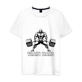Мужская футболка хлопок с принтом Train hard (тренируйся усердно) в Петрозаводске, 100% хлопок | прямой крой, круглый вырез горловины, длина до линии бедер, слегка спущенное плечо. | powerlifting