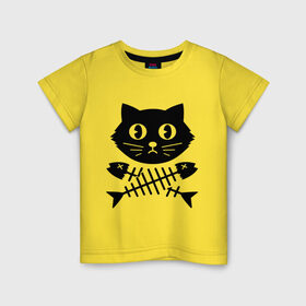 Детская футболка хлопок с принтом Пиратский знак кот и кости в Петрозаводске, 100% хлопок | круглый вырез горловины, полуприлегающий силуэт, длина до линии бедер | киса | косточки от рыбы | кот | котенок | кошка | рыбка | черный кот