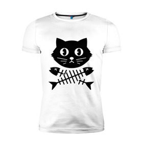 Мужская футболка премиум с принтом Пиратский знак кот и кости в Петрозаводске, 92% хлопок, 8% лайкра | приталенный силуэт, круглый вырез ворота, длина до линии бедра, короткий рукав | киса | косточки от рыбы | кот | котенок | кошка | рыбка | черный кот