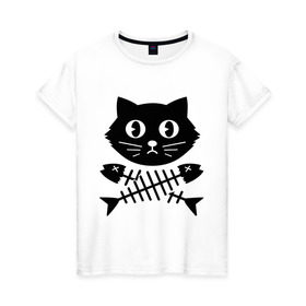 Женская футболка хлопок с принтом Пиратский знак кот и кости в Петрозаводске, 100% хлопок | прямой крой, круглый вырез горловины, длина до линии бедер, слегка спущенное плечо | киса | косточки от рыбы | кот | котенок | кошка | рыбка | черный кот