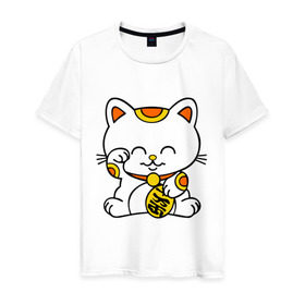 Мужская футболка хлопок с принтом Maneki-Neko Манэки – кошка удачи в Петрозаводске, 100% хлопок | прямой крой, круглый вырез горловины, длина до линии бедер, слегка спущенное плечо. | Тематика изображения на принте: киса | котенок | кошка удачи | японские кошки