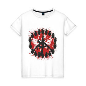 Женская футболка хлопок с принтом знак peace мир оружием в Петрозаводске, 100% хлопок | прямой крой, круглый вырез горловины, длина до линии бедер, слегка спущенное плечо | Тематика изображения на принте: peace | знак peace мир оружие | мир