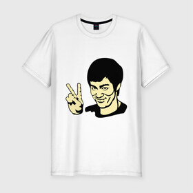 Мужская футболка премиум с принтом Позитивный Брюс Ли в Петрозаводске, 92% хлопок, 8% лайкра | приталенный силуэт, круглый вырез ворота, длина до линии бедра, короткий рукав | брюс ли