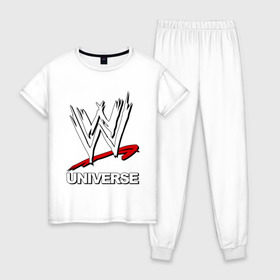 Женская пижама хлопок с принтом WWE universe в Петрозаводске, 100% хлопок | брюки и футболка прямого кроя, без карманов, на брюках мягкая резинка на поясе и по низу штанин | джон сина