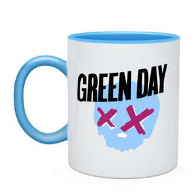 Кружка двухцветная с принтом Green day skull в Петрозаводске, керамика | объем — 330 мл, диаметр — 80 мм. Цветная ручка и кайма сверху, в некоторых цветах — вся внутренняя часть | green day | rock | грин дэй | музыка | рок группа