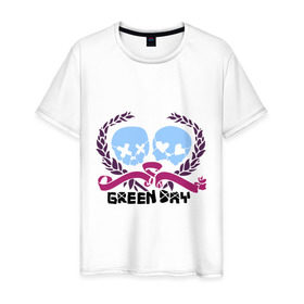 Мужская футболка хлопок с принтом Green day skulls в Петрозаводске, 100% хлопок | прямой крой, круглый вырез горловины, длина до линии бедер, слегка спущенное плечо. | green day | rock | грин дэй | лента | музыка | рок группа | черепа | черепушки